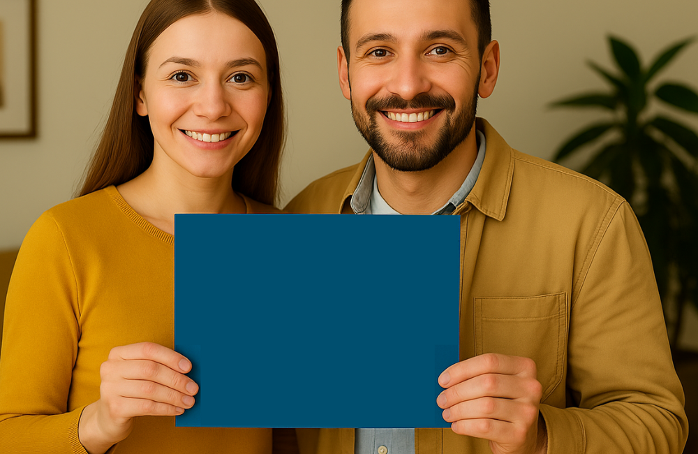Casal segurando placa ilustrativa da Certidão de Enquadramento de Renda HIS e HMP