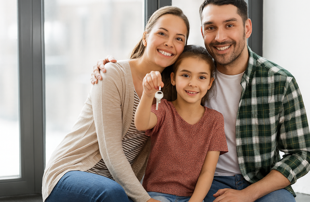 Casal sorrindo com chave de imóvel adquirido por consórcio imobiliário