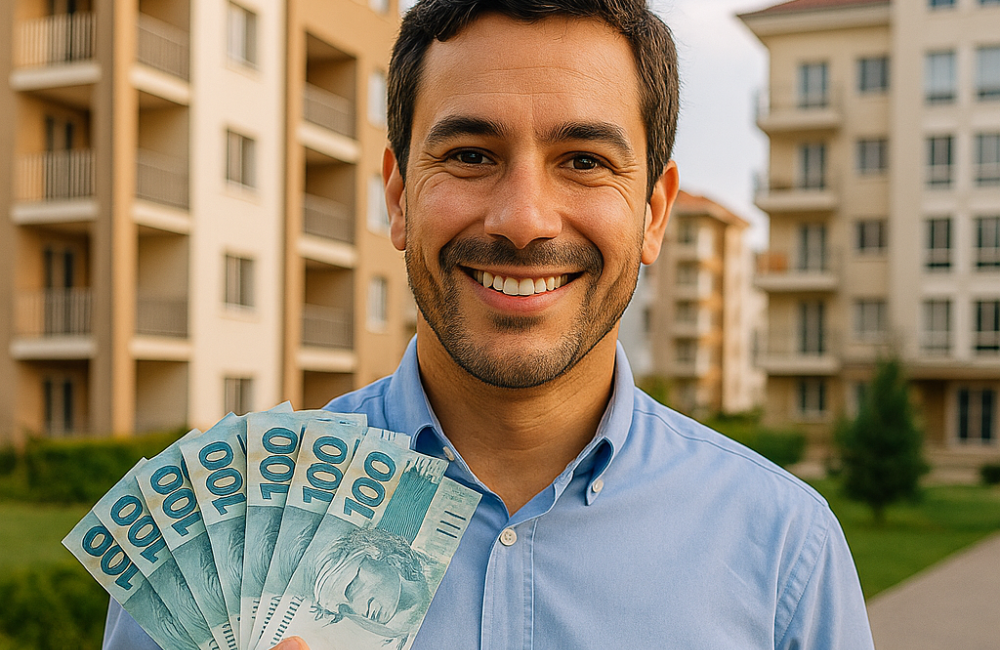 Síndico sorridente segurando cédulas de dinheiro na frente de um condomínio, representando empréstimo para condomínio.