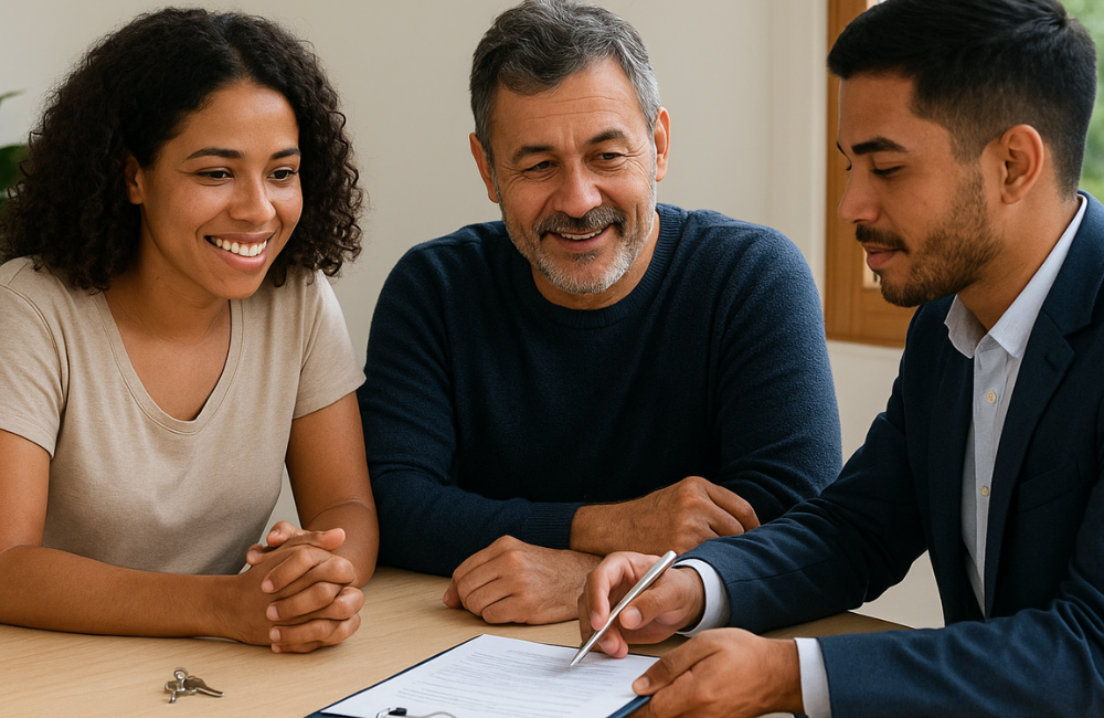 Inquilino, proprietário e corretor discutindo contrato de aluguel com fiança locatícia em mesa de negociação.