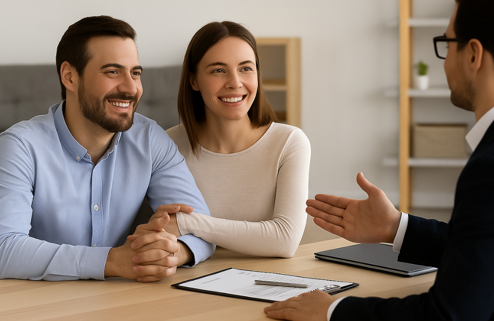Casal em reunião com consultor para operação de crédito Home Equity
