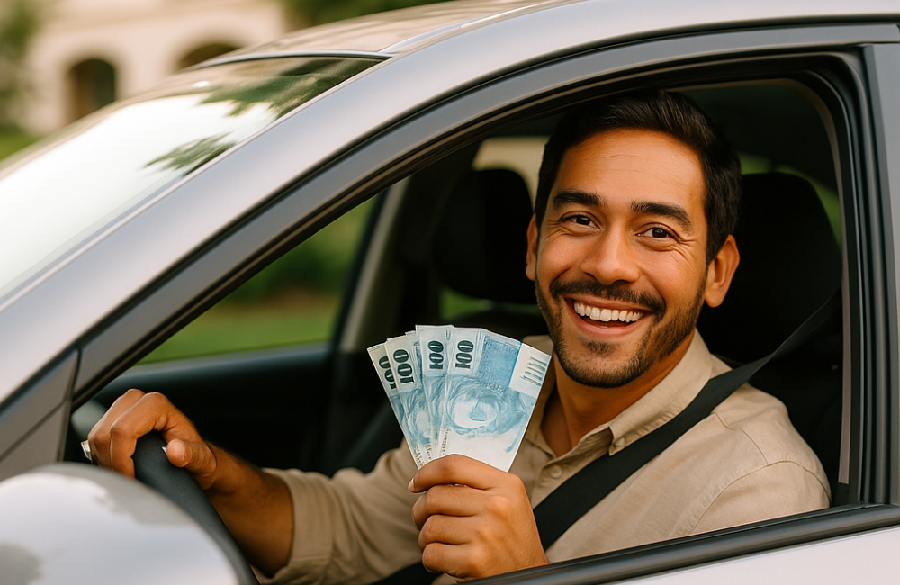 Homem sorridente de pele morena segurando chaves de carro, representando crédito com garantia de veículo (Auto Equity) no Brasil.