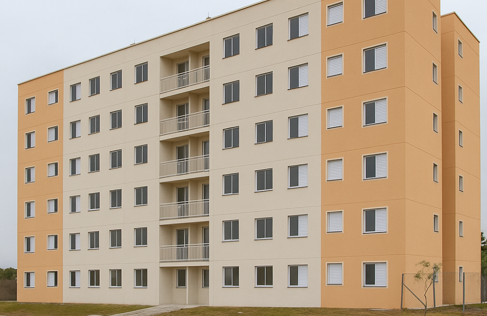 Foto de prédio residencial popular recém-construído, representando imóveis HIS e HMP para compradores e investidores.